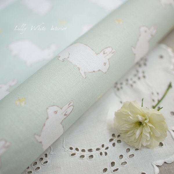 Lilly White Designs -Rabbit & Clover- garden green ラビット＆クローバー(ガーデングリーン)生地